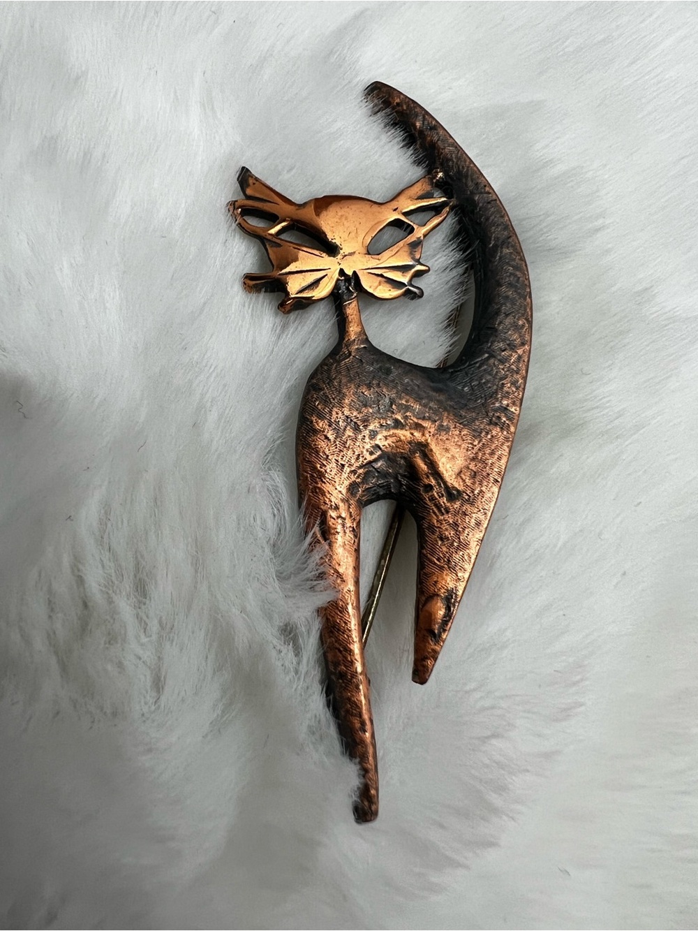 Vintage 1960s Mid Century Modernist Copper Cat Brooch Pin